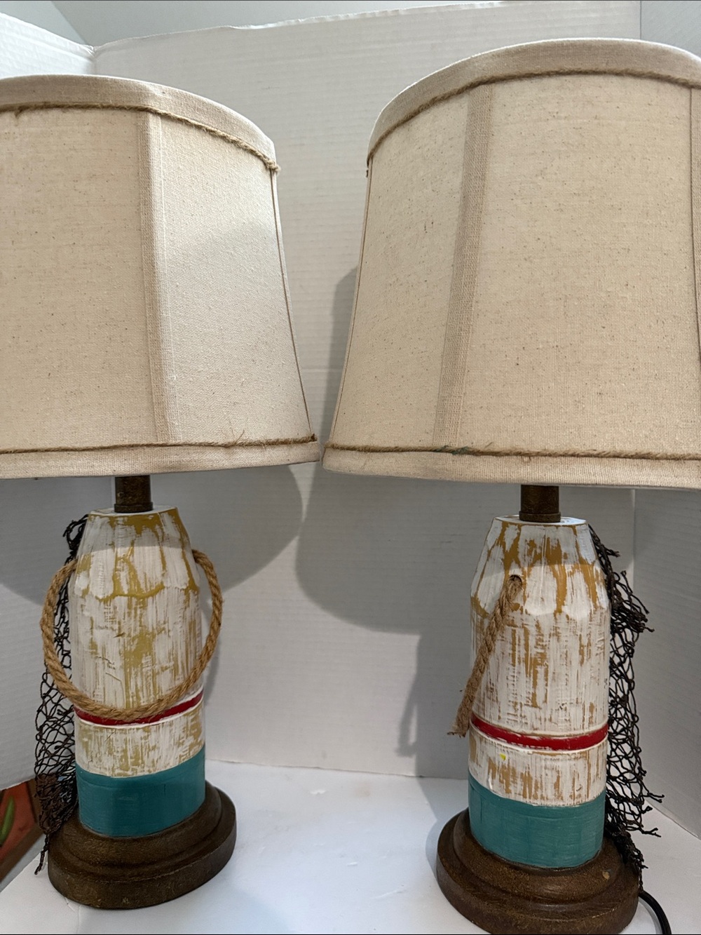 Rustic Coastal Beige Table Lamps with Teal Accent - Unbranded